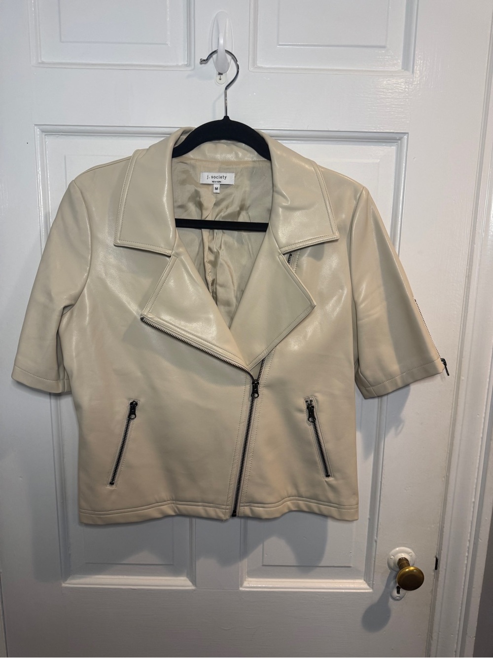J Society Cream Short-Sleeve faux Leather Moto Jacket